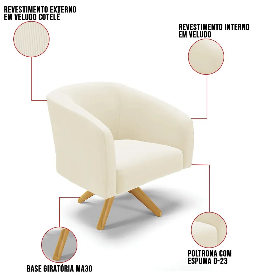 Poltrona Decorativa Giratória MA30 Stella Cotelê Ext/Veludo D03 - D'Rossi - Off White