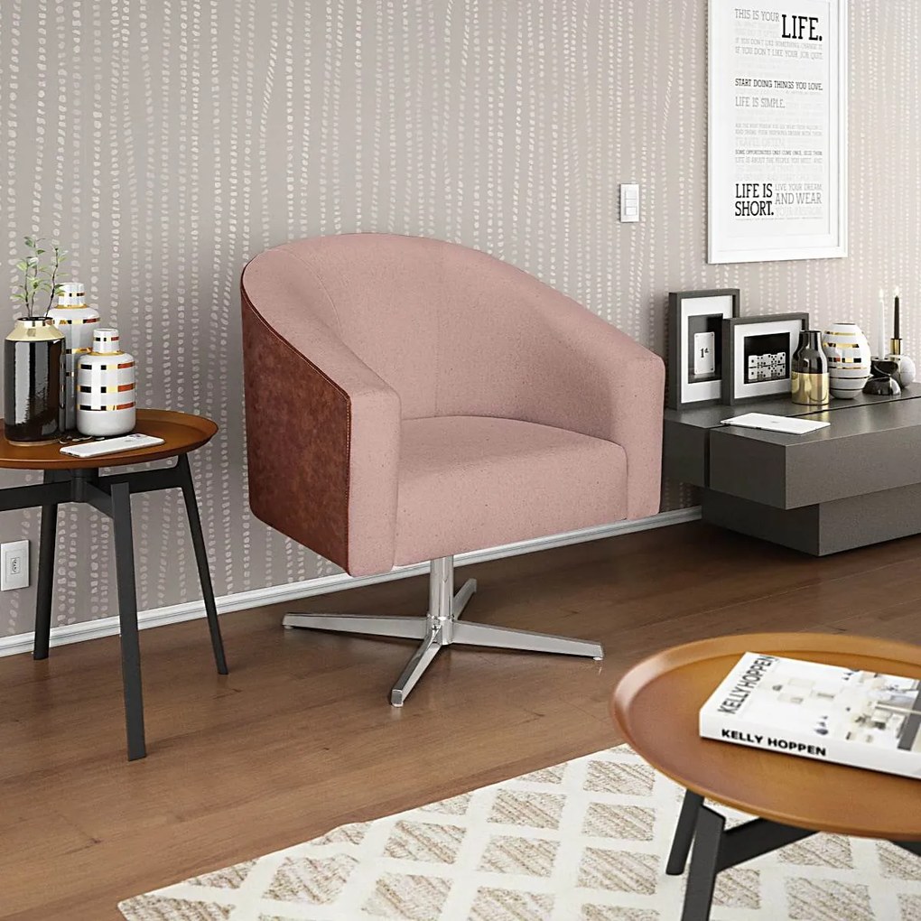 Poltrona Luiza Base Giratória de Metal Corano Nozes e Linho Rosê - ADJ Decor