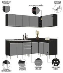 Armário de Cozinha Modulado de Canto 6 Peças CP30 com Pia Inox Preto/C