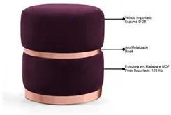 Kit 2 Puffs Decorativos com Cinto e Aro Rosê Round C-292 Veludo Uva -
