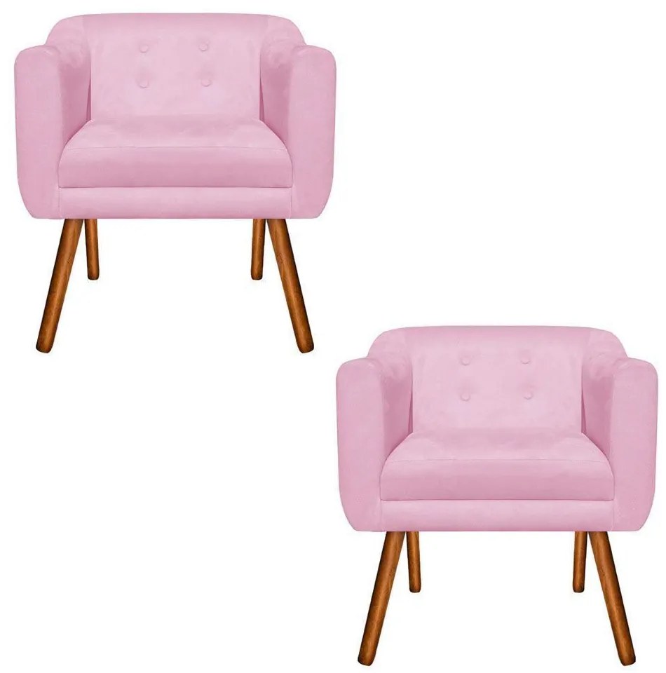 Kit 02 Poltronas Julia Suede Rosa Bebê Pés Palito Castanho D'Rossi