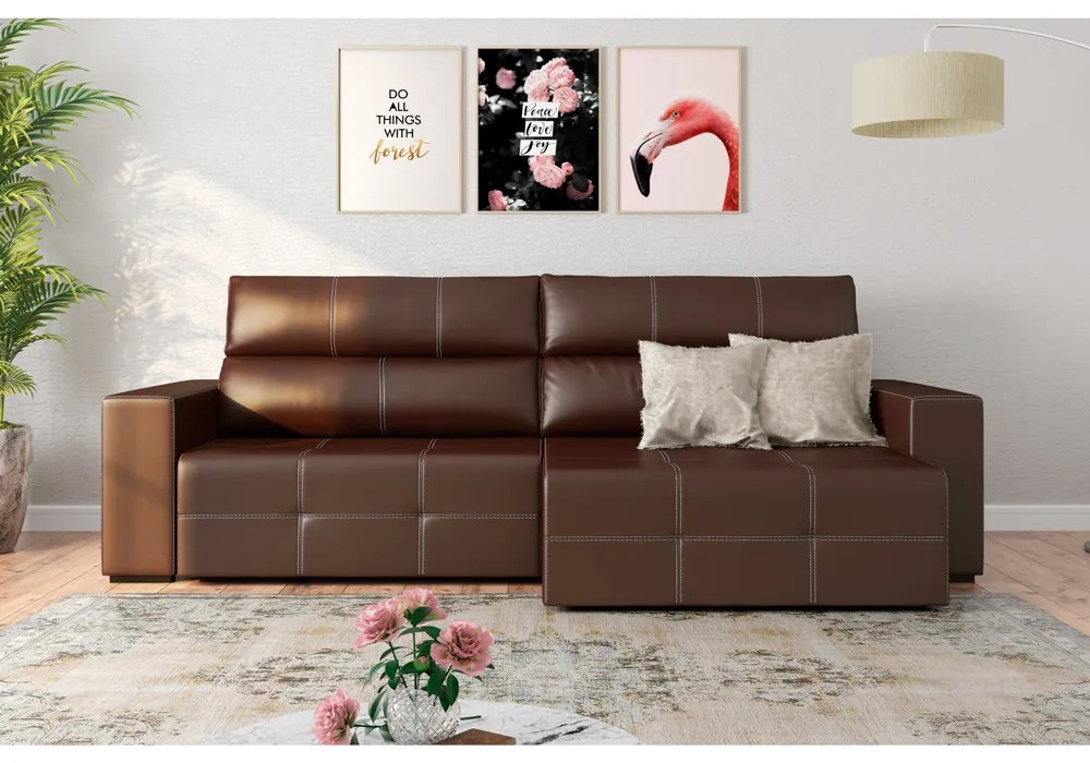 Sofá Retrátil 224cm Nero Couro Marrom - Gran Belo
