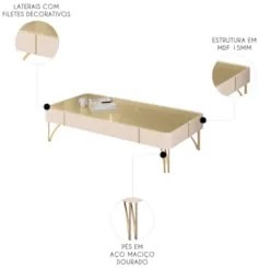 Mesa de Centro Para Sala Pés de Aço Cadenza Off/Champanhe - Mpozenato