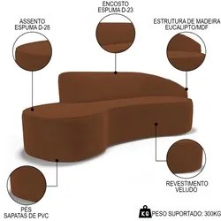 Sofá Living  3 Lugares 260cm Braço Direito Mozart D06 Veludo Telha - M