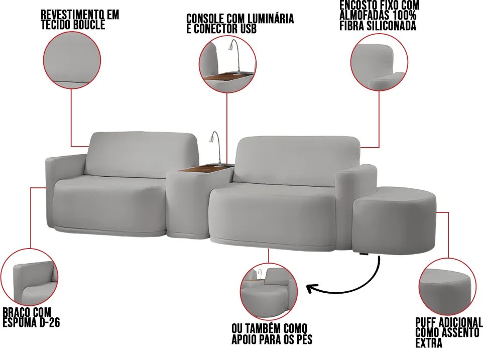 Sofá Sala Modulado 299cm com Puff Console USB Luminária Brumma Bouclê K01 - D'Rossi - Cinza