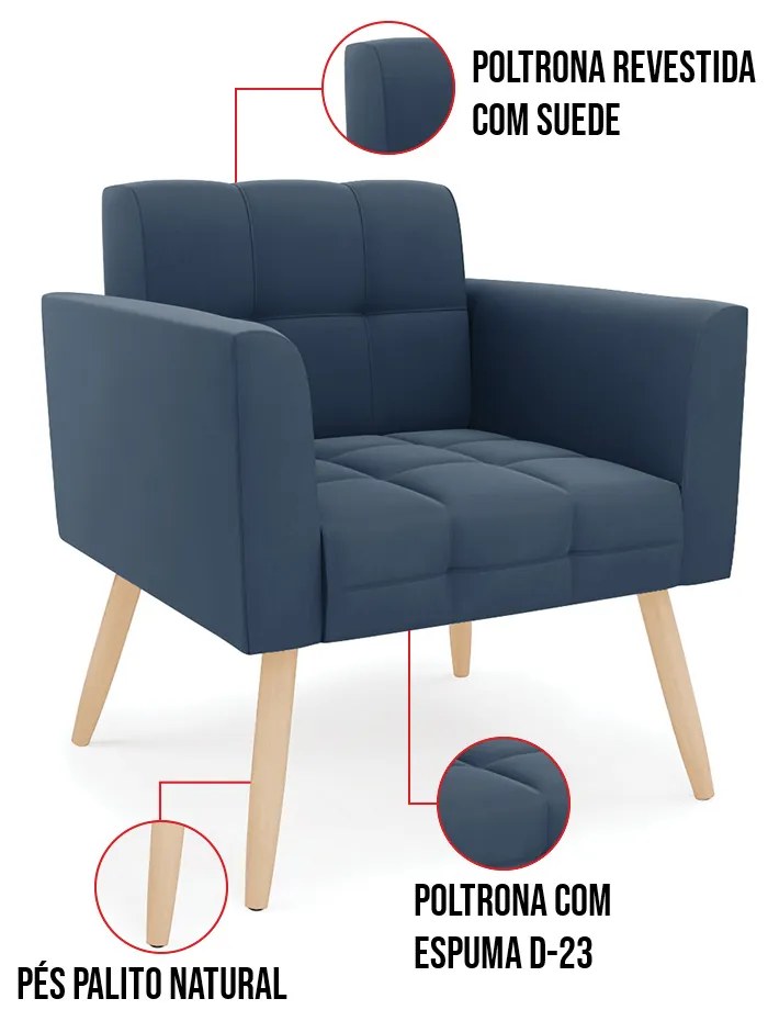 Kit 1 Sofá Namoradeira e 2 Poltronas Elisa Suede Pés Palito Natural D03 - D'Rossi - Azul Marinho