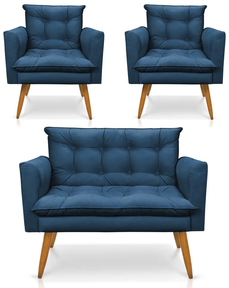 Kit 1 Sofá Namoradeira e 2 Poltronas Tais Suede Azul Marinho Pés Palito Castanho - D'Rossi