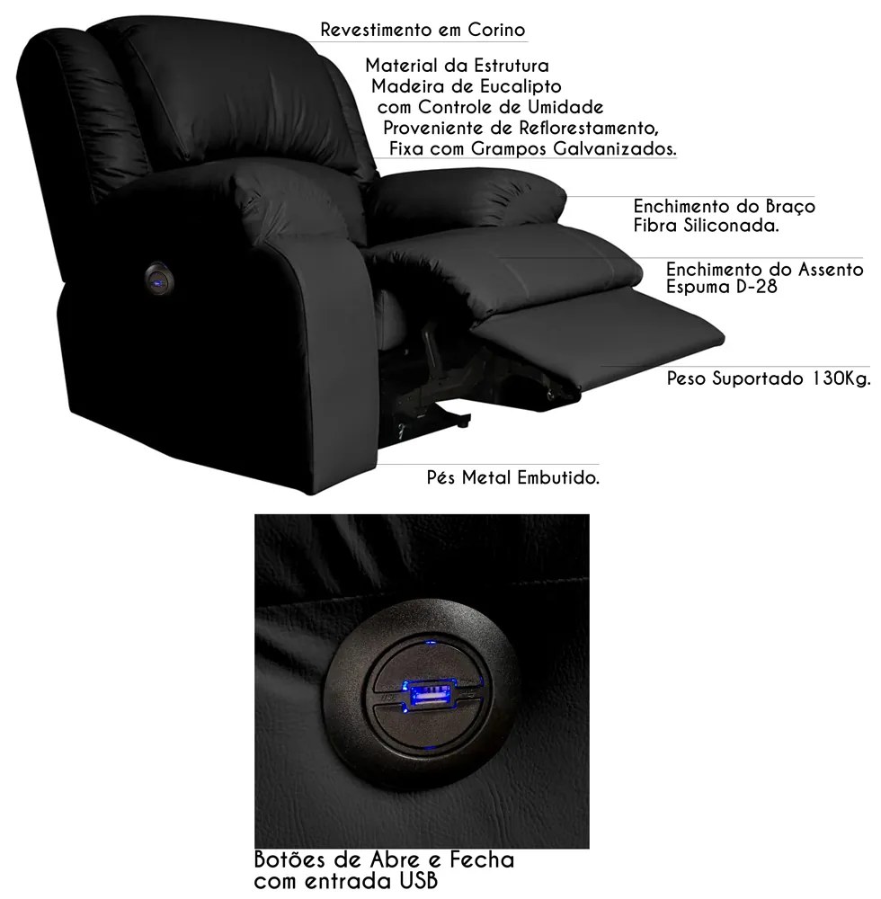 Poltrona do Papai Reclinável Elétrica com Entrada USB Magnum PU Sintético Preto G23 - Gran Belo
