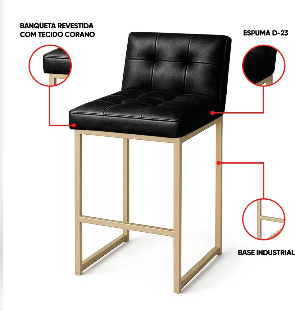 Banqueta Cozinha Alta com Encosto Industrial Kit 3 Champanhe Lirina PU Preto C05 - D'Rossi