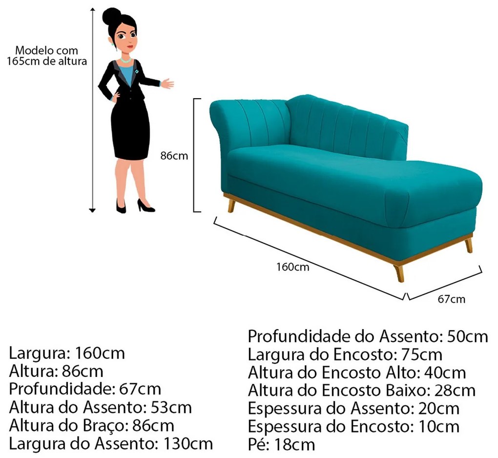 Recamier Vanessa 160cm Lado Esquerdo Suede Azul Turquesa - ADJ Decor
