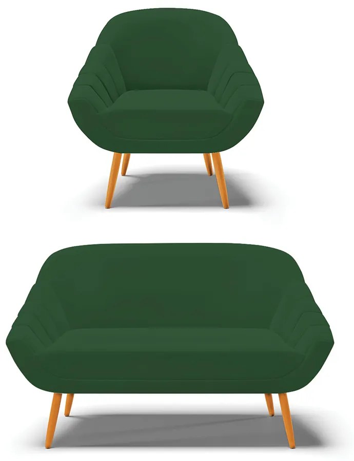 Kit 01 Namoradeira 02 Lugares e 01 Poltrona Giovana Veludo Verde Pés Palito Castanho - D'Rossi