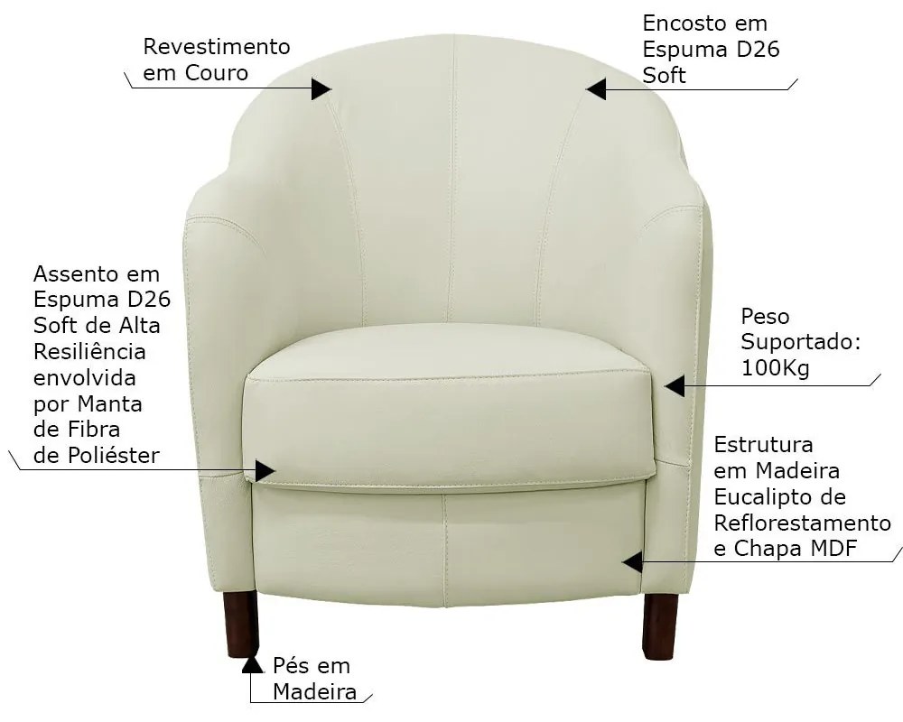 Poltrona Decorativa Sala de Estar Pés Madeira Kairós Couro Off White G03 - Gran Belo