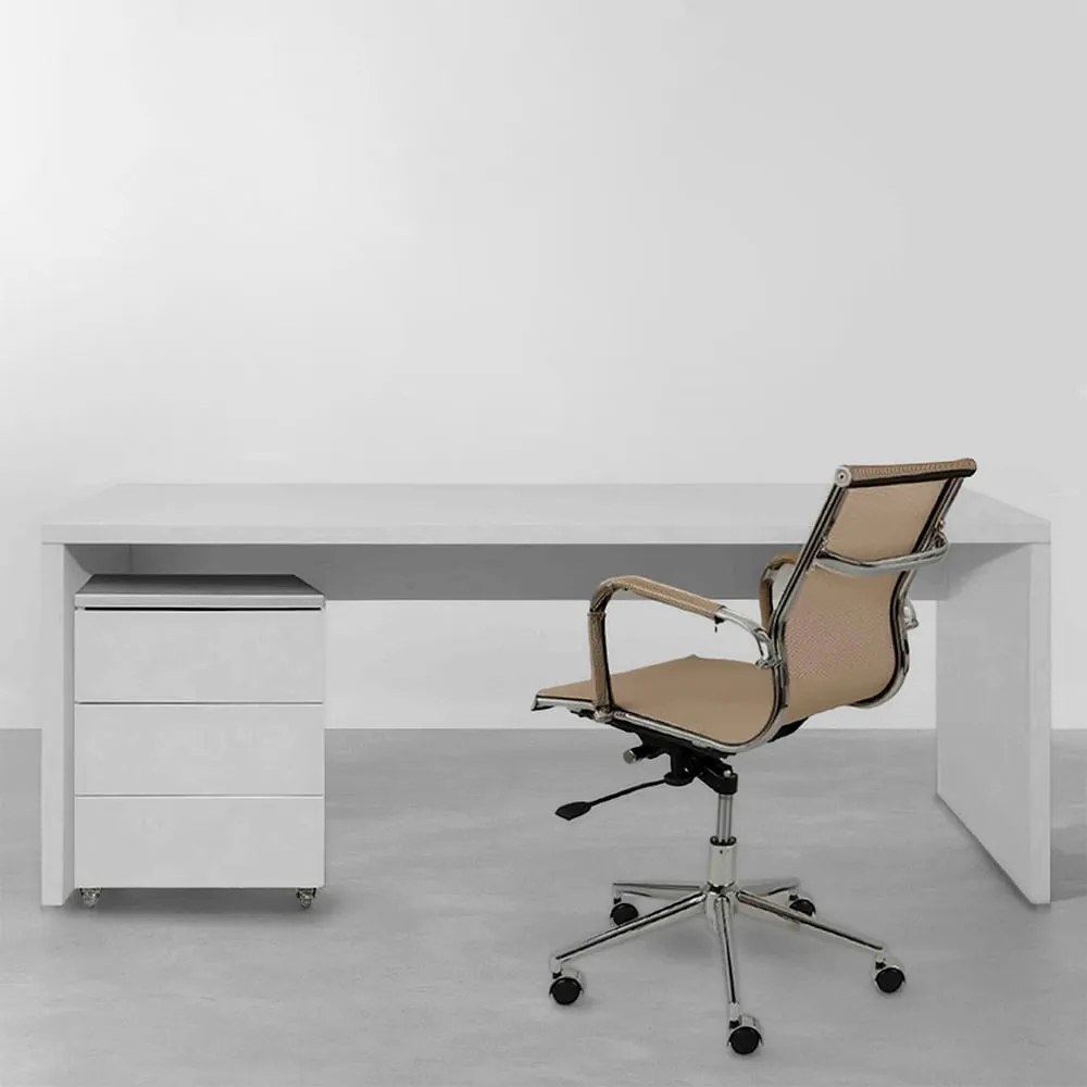 Conjunto Office - Bancada Contemporânea Branco 1,36m + Módulo Contemporâneo Branco 42,5cm + Cadeira de Escritório Noruega Cobre