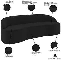 Sofá 2 Lugares para Sala de Estar Living 150cm Theo D06 Veludo Preto -