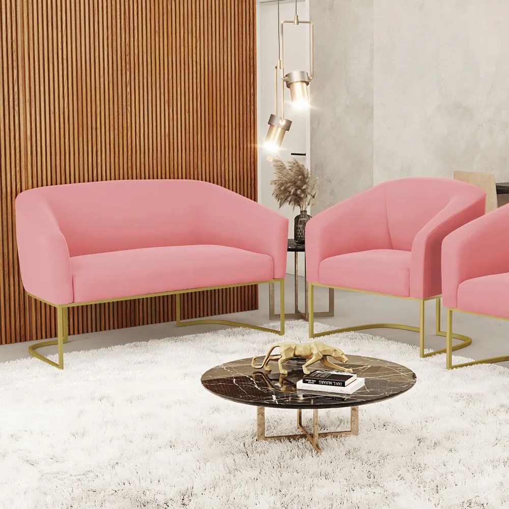 Namoradeira e Poltrona Base Industrial Dourado Stella Suede D03 - D'Rossi - Rose