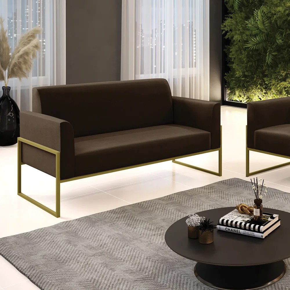 Sofá Namoradeira Base Industrial Alta Dourado Marisa Suede D03 - D'Rossi - Marrom