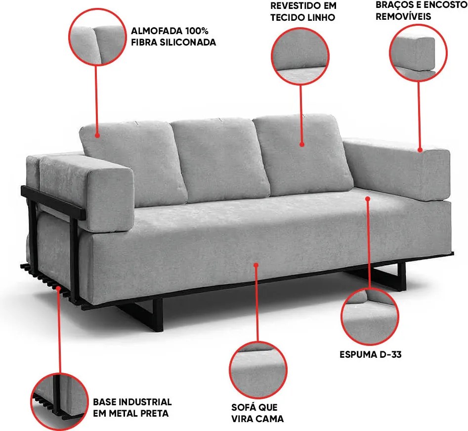 Sofá Cama 2 Lugares Living 200cm Base Industrial Sala Cherie Linho Cinza K01 - D'Rossi