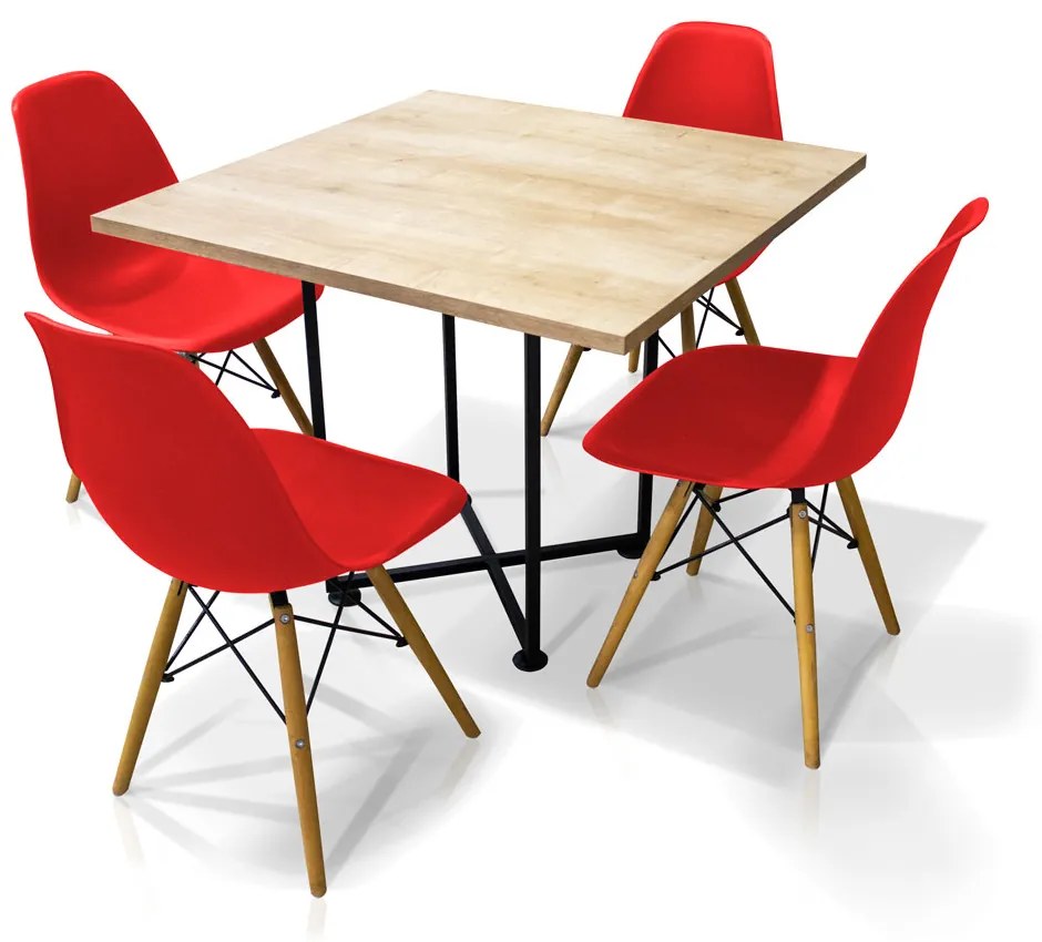 Kit 04 Cadeiras Eiffel Vermelho e 01 Mesa de Jantar 04 Lugares Jade 90 cm Natural Base Metálica Industrial Preto - D'Rossi