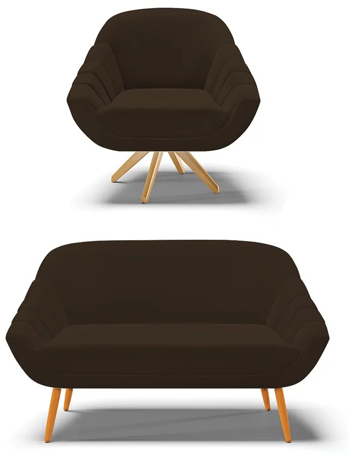 Kit 01 Namoradeira 02 Lugares e 01 Poltrona Giratória Giovana Suede Marrom Base Madeira MA30 - D'Rossi