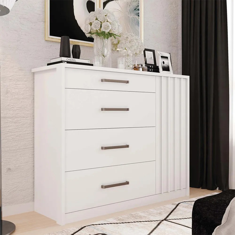 Cômoda Ripado Yana 136cm com 1 Porta 4 Gavetas Puxador Alumínio MDP Branco G11 - Gran Belo