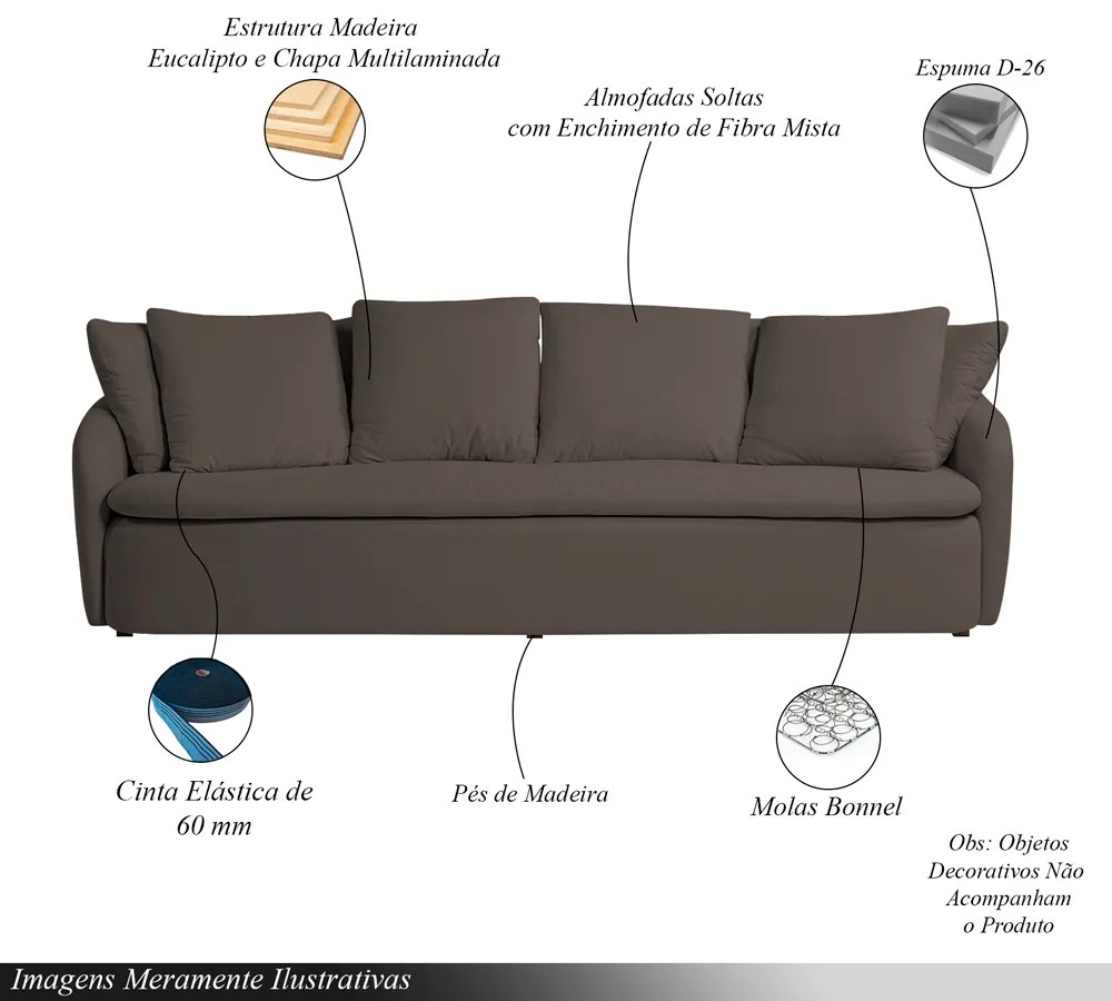 Sofá Living Sala de Estar Toscana 270cm 3 Lugares Veludo Luxo Marrom G92 - Gran Belo
