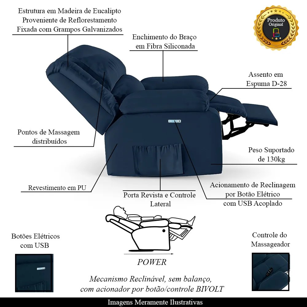 Poltrona do Papai Reclinável Sala de Cinema Madrid Elétrica Touch Massagem USB Veludo Azul G23