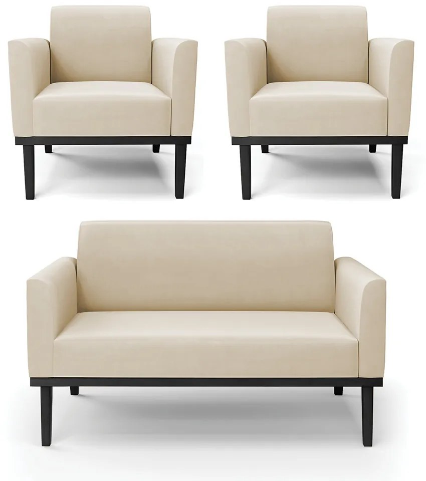 Conjunto 2 Poltronas e 1 Namoradeira Decorativa Isabella Pés Fixo em Madeira Preto Suede Bege G19 - Gran Belo