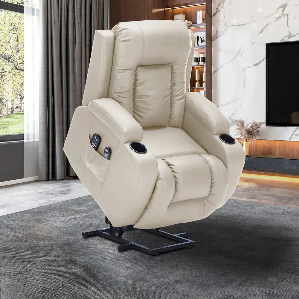 Poltrona do Papai Austin Elétrica Lift Reclinável Sala de Estar Aquecimento Massagem PU Bege G94 - Gran Belo