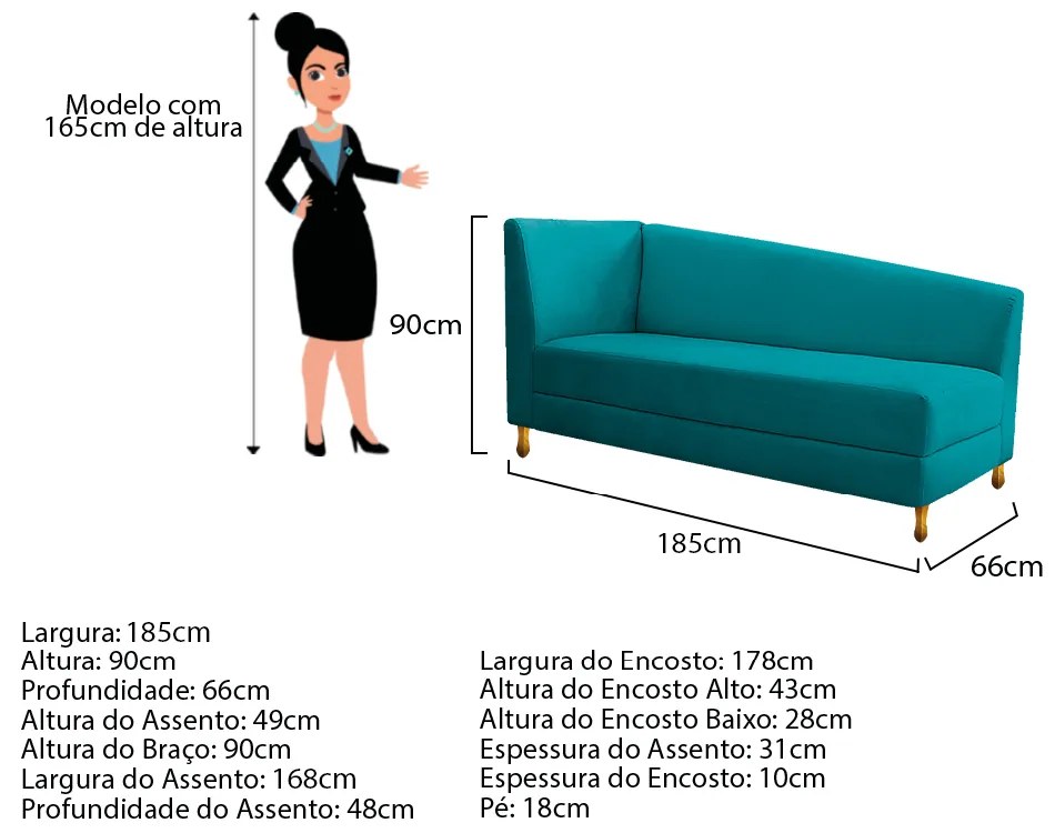 Recamier Valéria 185cm Lado Direito Suede Azul Turquesa - ADJ Decor