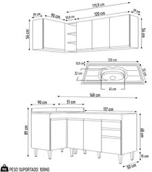 Armário de Cozinha Modulado de Canto Direito 4 Peças CP39 com Pia Inox