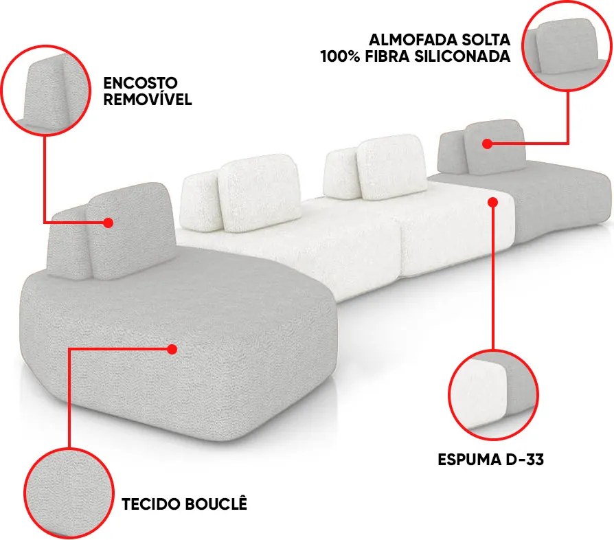 Sofá 4 Lugares Orgânico com Chaise e 3 Módulos Berlim Bouclê Cinza Claro/Off White K01 - D'Rossi
