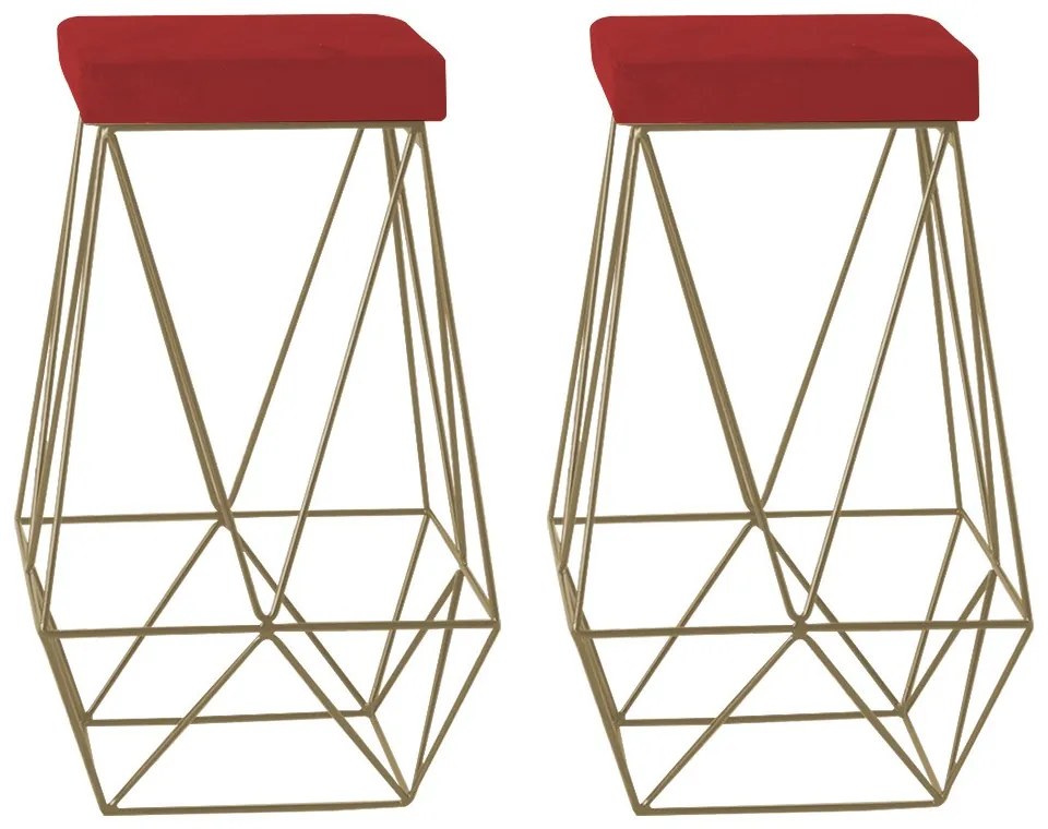 Kit 2 Banqueta Decorativa Kathy Base Gold Suede Vermelho G41 - Gran Belo