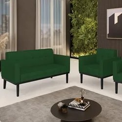 Sofá Namoradeira e 1 Poltrona Base Madeira Preto Ana Veludo Luxo Verde