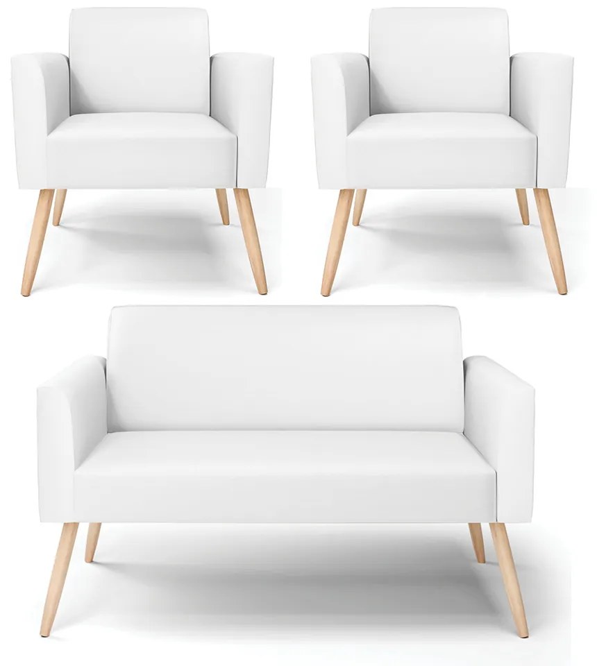 Sofá Namoradeira com 2 Poltronas Pés Palito Natural Marisa Corino D03 - D'Rossi - Branco