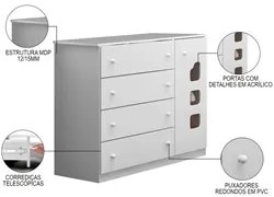 Cômoda Infantil 100% MDF 1 Porta e 4 Gavetas Livia Branco - Phoenix