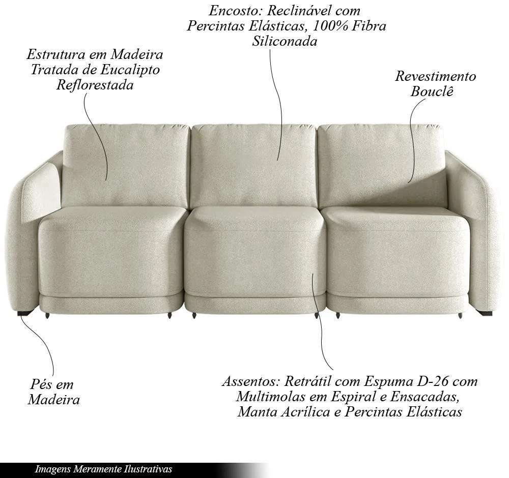 Sofá Cama Modulado Retrátil e Reclinável Decorativo Varsóvia 276cm Bouclê Bege G33 - Gran Belo