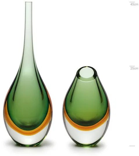 Par de Gotas Alta e Baixa Bicolor Verde com Âmbar Murano Cristais Cadoro