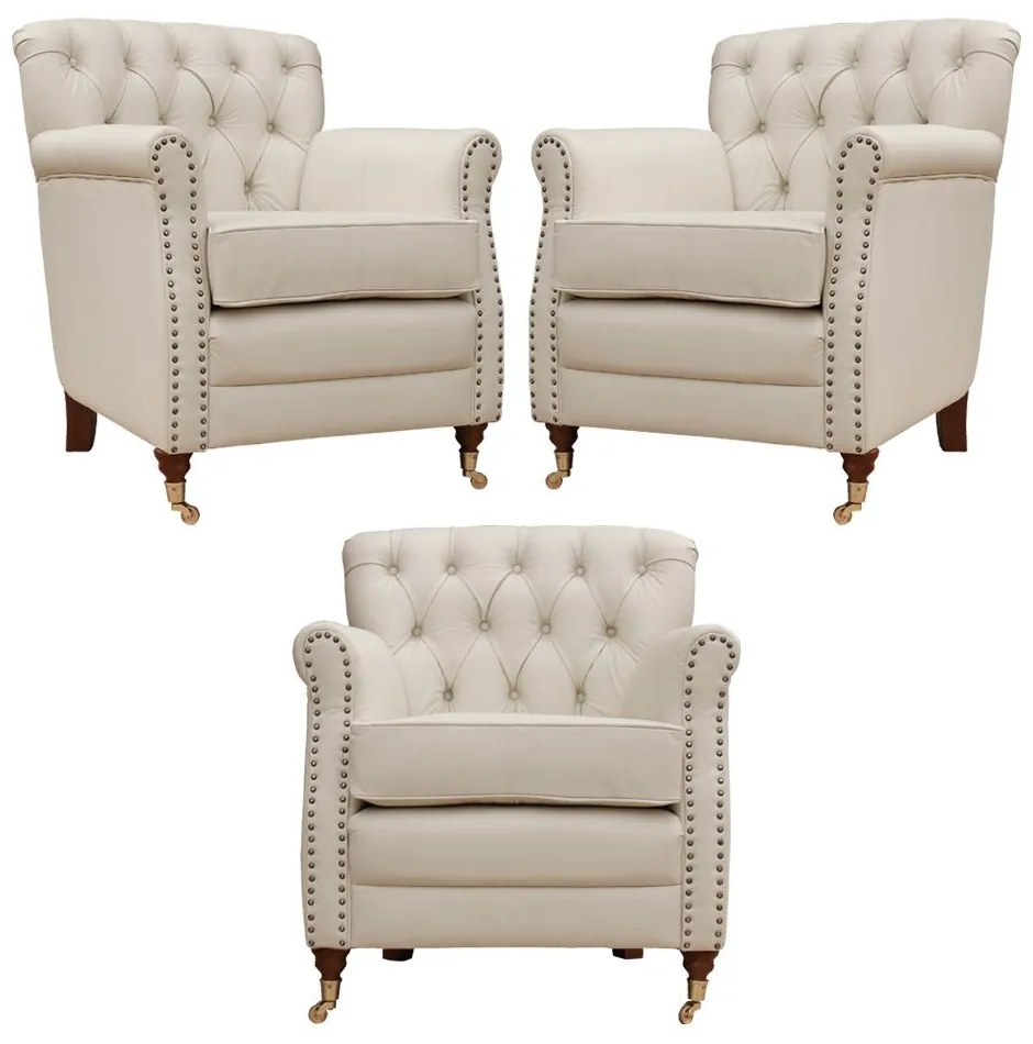 Kit 03 Poltronas Decorativas Sala de Estar Níger Pés Príncipe Couro Off White G58 - Gran Belo