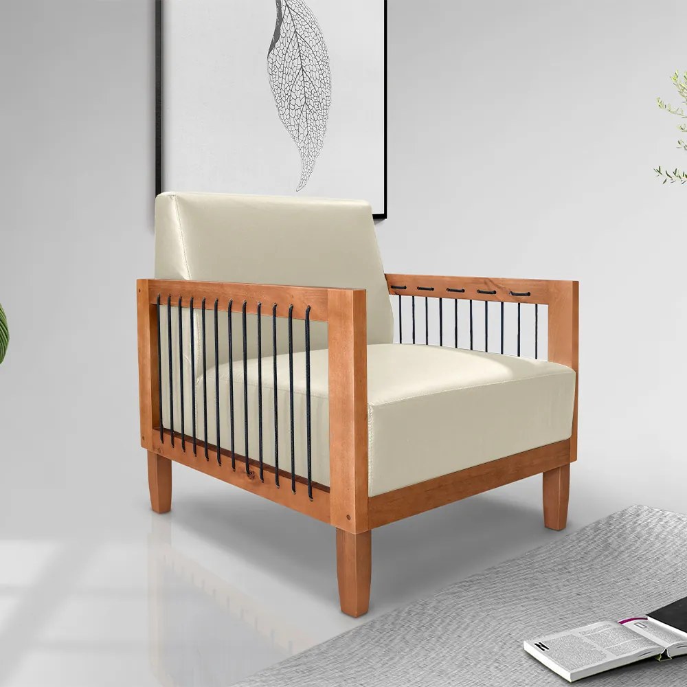 Poltrona Sala de Estar Pés Madeira Maciça Corda Náutica Preta 75cm Manila PU Bege G63 - Gran Belo