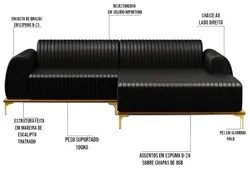 Sofá 245cm 4 Lugares com Chaise Direito Pés Gold Molino B-159 Corano P