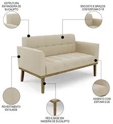 Sofá Namoradeira e 2 Poltronas Base Madeira Castanho Ana Suede Bege -