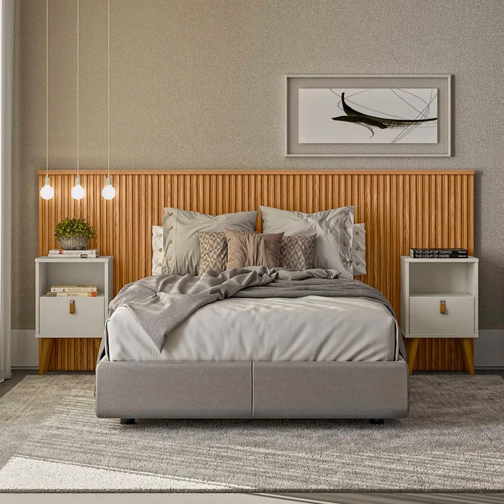 Conjunto Cabeceira Noronha 240cm e 2 Mesas de Cabeceira Ilhéus Nature/Off White G77 - Gran Belo