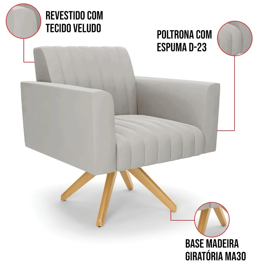 Poltrona Giratória Viena Gomada Veludo Base de Madeira MA30 D03 - D'Rossi - Cinza