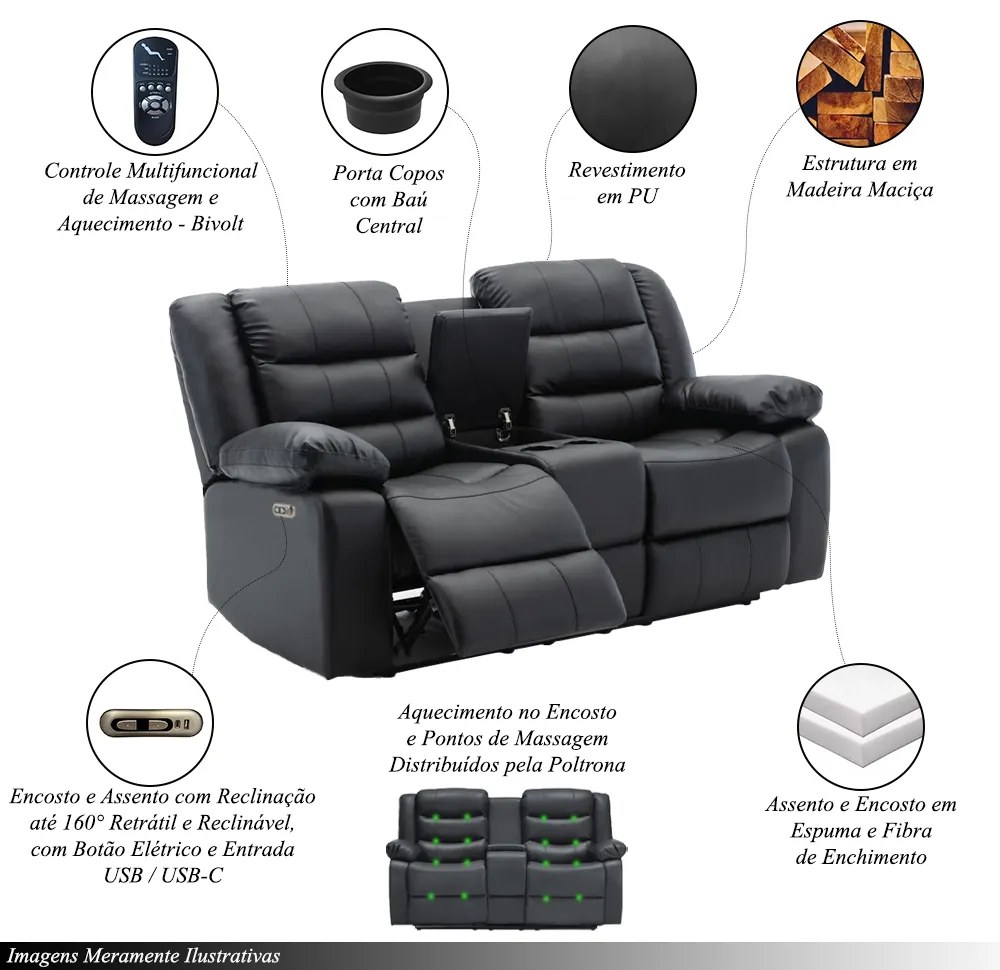 Conjunto Poltronas 2 e 3 Lugares Elétricas Sala de Cinema Hollywood com Massagem Aquecimento Entrada USB/USB-C PU Preto G94 - Gran Belo
