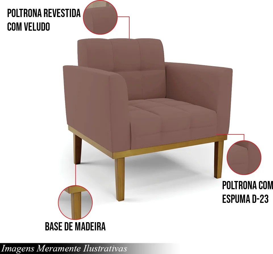Kit 2 Poltronas Decorativas Karen Pés Fixo em Madeira Castanho Veludo Rose G19 - Gran Belo