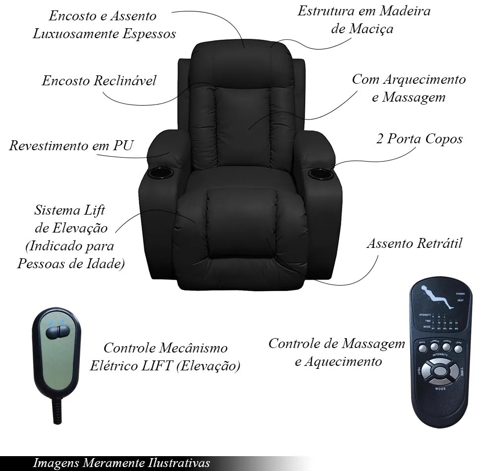 Poltrona do Papai com Massagem Aquecimento Austin Elevação Lift 150º PU Preto G31 - Gran Belo