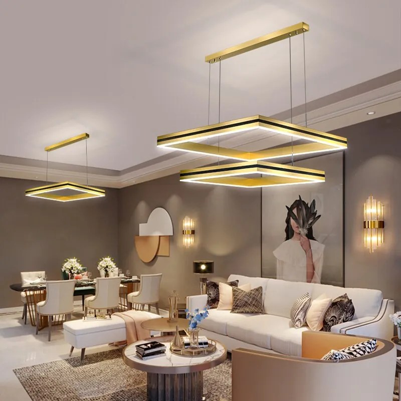 Pendente  Led moderno lustre de teto sala estar concisa pendente lâmpada sala jantar quadrado nordic lâmpadas led teto luzes da sala estar - Black Square 60cm - Brilho regulável