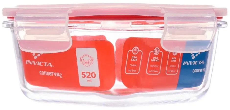 Pote Hermético de Vidro Tampa Click Quadrado 520 ml