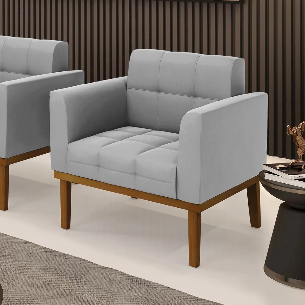 Poltrona Decorativa Karen Pés Fixo em Madeira Castanho Suede Cinza G19 - Gran Belo