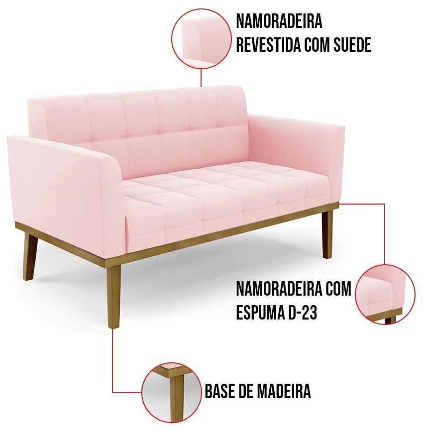 Sofá Namoradeira Base de Madeira Castanho Elisa Suede D03 - D'Rossi  - Rosa Bebê